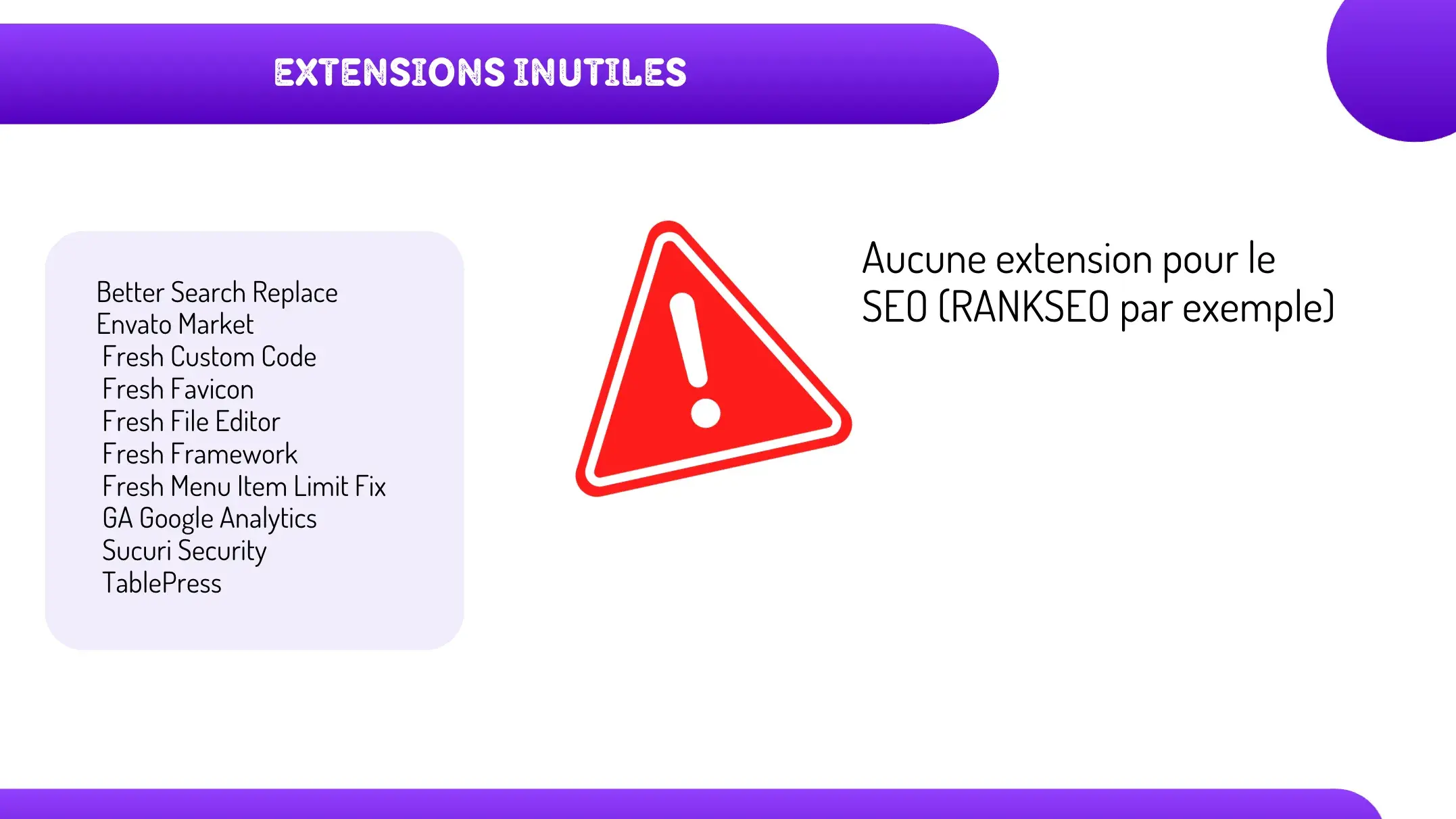 Extrait de l’audit SEO Ecoleva : analyse des extensions WordPress et des besoins SEO